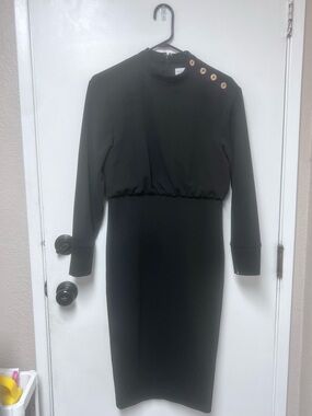 Badgley Mischka Black Long Sleeve Midi Dress with Gold Shoulder Buttons